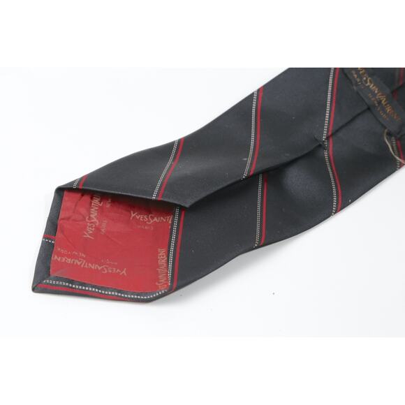 Vintage YSL Yves Saint Laurent Red Striped Silk Tie w/ Gold Brooch Motif - Picture 9 of 10